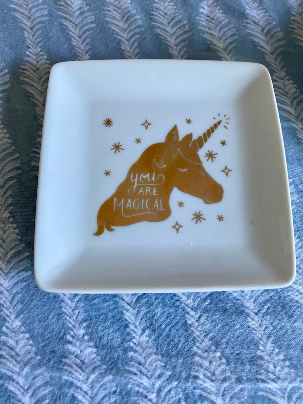White Unicorn Ring Dish & Square Trinket Tray Set - White and Gold Ceramic